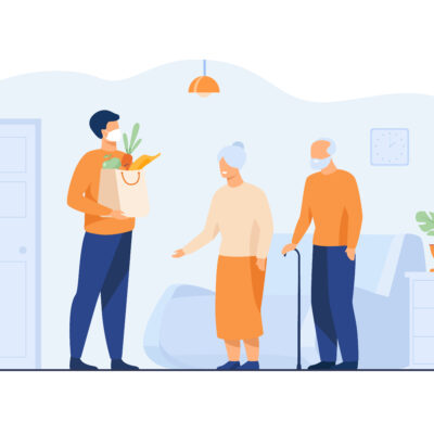 Volunteer delivering food parcels for elderly people isolated flat vector illustration. Cartoon old people meeting courier in protective mask. Delivery service and isolation concept
